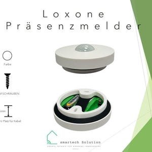 Könnte beinhalten: Ein weißer Loxone Präsenzmelder, ein Präsenzmelder, mit kreisförmigem Design. Das Bild zeigt das Gerät montiert und demontiert, wobei das Batteriefach sichtbar wird. Der Text enthält "Farbe", "Zum Schrauben" und "+5mm Mehr Platz für Kabel".