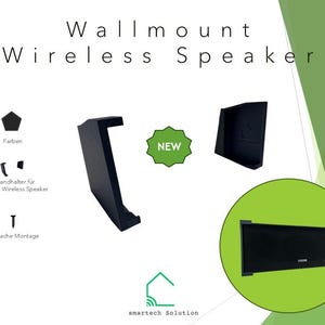 Puede incluir: Un soporte de pared negro para altavoz inalámbrico, que incluye un tornillo para su instalación. El texto dice Wallmount Wireless Speaker, NEW, Farben, Wandhalter für Loxone Wireless Speaker, Einfache Montage y smartech Solution.