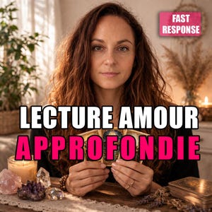 May include: A woman holding tarot cards with the text "LECTURE AMOUR APPROFONDIE" in white and pink. A pink banner reads "FAST RESPONSE". Crystals, candles, and a deck of cards are on the table.