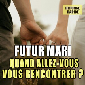 May include: A close-up of two hands holding pinky fingers, with wedding rings visible. The image has text in French that says "FUTUR MARI QUAND ALLEZ-VOUS VOUS RENCONTRER ?" and "REPONSE RAPIDE" in a yellow box.