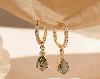 Natural Moss Agate Gold Hoop Earrings,Pear Green Gemstone Pendant Earrings,Moss Agate Jewellery,Anniversary Wedding Gift,Mother's Day Gift