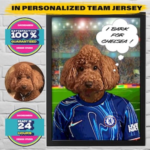 Custom Pet Portrait in Football Jersey – Custom Dog Illustration with Team Jersey – Premier League Gift – Custom Pet in Chelsea Team Soccer
