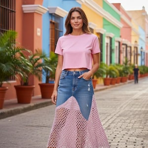 Handgemaakte denim en gehaakte maxirok, boho patchwork lange rok, unieke lange denimrok met gehaakt kanten inzetstuk