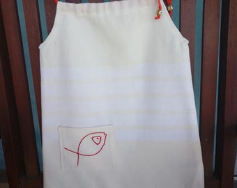 Handmade cotton peshtemal baby girl hand-embroidered yellow and white dress. 1-2 years old