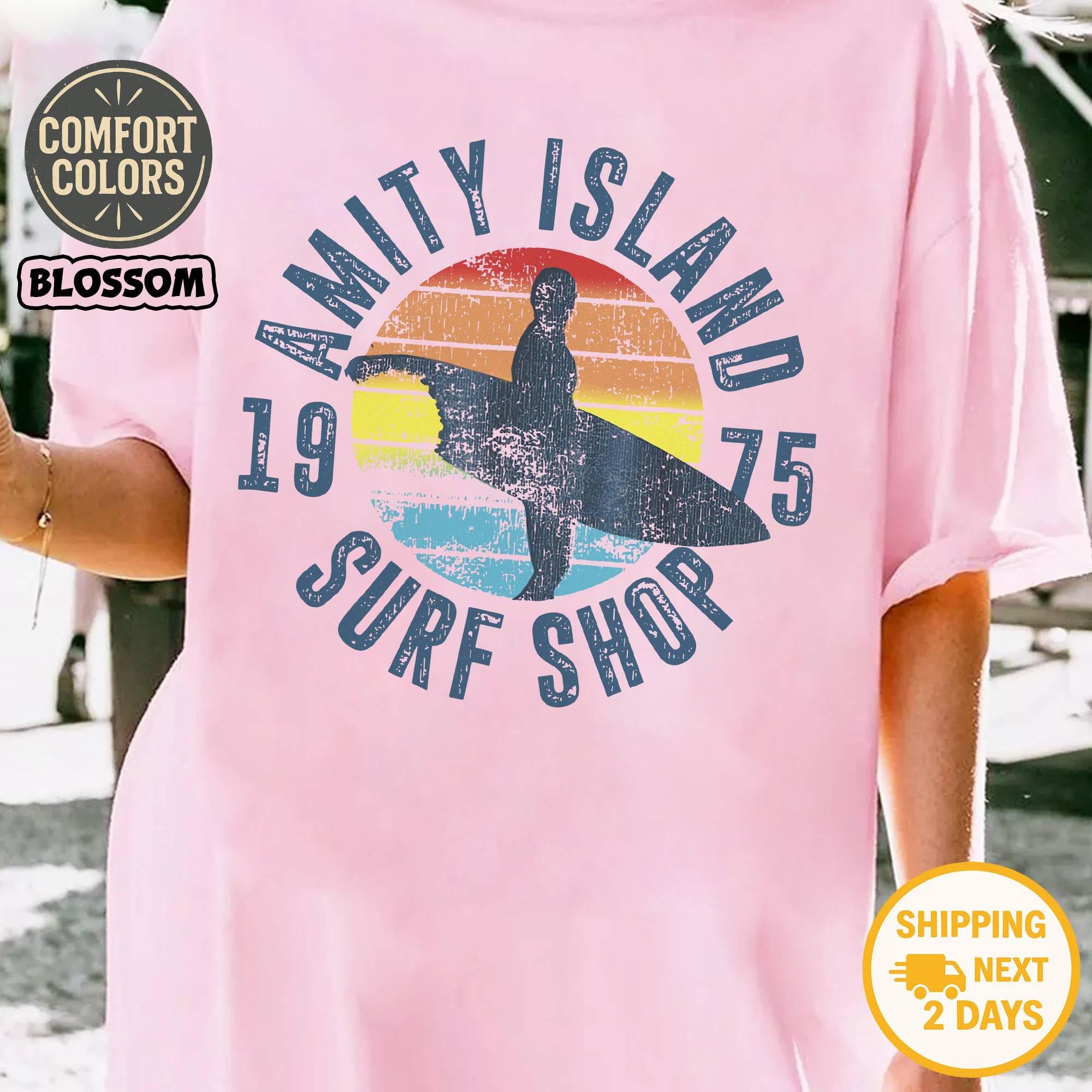 Comfort Colors Amity Island Billboard Movie Inspired Tee, Amity Island Surf Board Shirt, Shark Week, Great White Shark, 50th Anniversary Tee