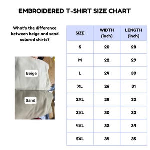 Puede incluir: Tabla de tallas de camisetas bordadas con medidas en pulgadas. La tabla incluye tallas de la S a la 5XL, con las medidas correspondientes de ancho y largo. La imagen tambi&eacute;n muestra camisetas de color beige y arena.