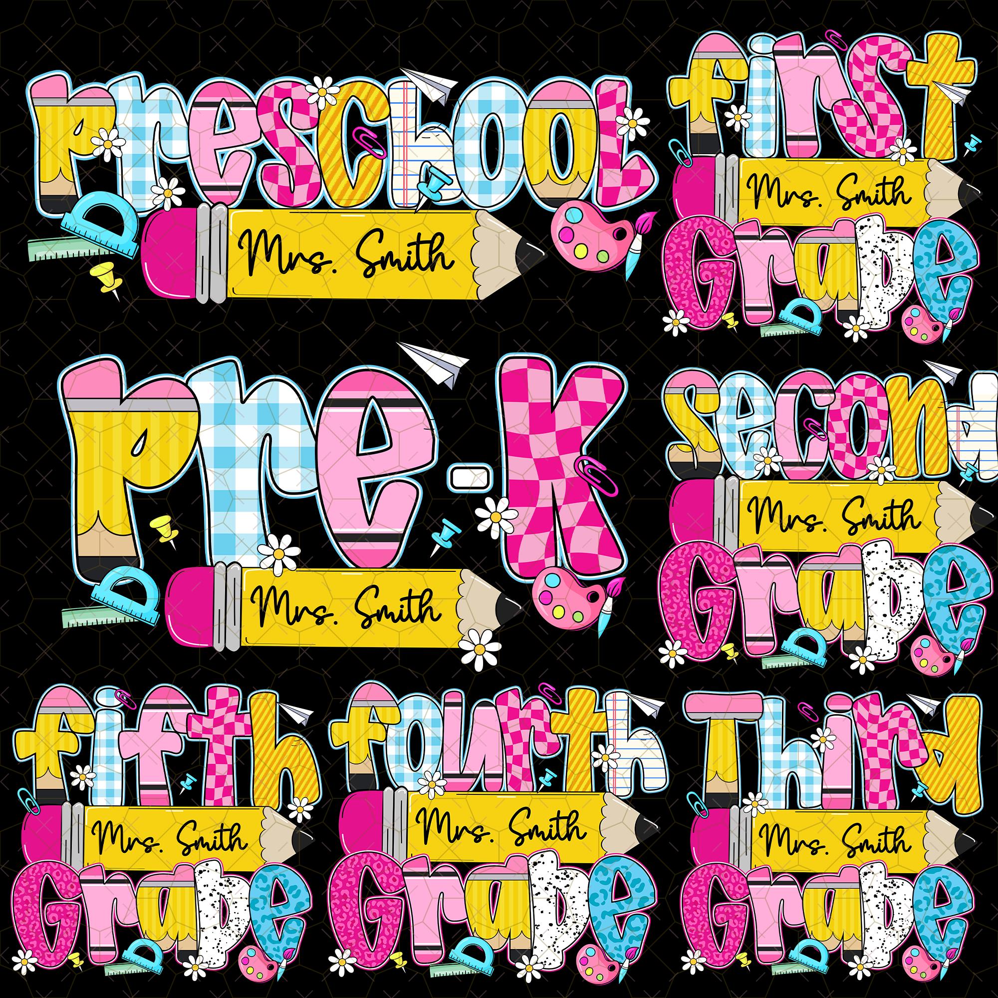 Custom Preppy Back to School Bundle PNG, Coquette Teacher First Day of School Png, Girly Checkered Sublimation, Pre-k 1st/2nd/3rd Grade