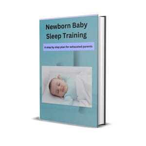 Könnte beinhalten: Ein blauer Buchumschlag mit dem Titel "Newborn Baby Sleep Training" und dem Untertitel "Ein Schritt-für-Schritt-Plan für erschöpfte Eltern". Das Cover zeigt ein Foto eines Babys, das in einem Kinderbett schläft.
