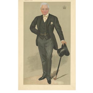 Könnte beinhalten: Eine Schwarzweiß-Karikatur eines Mannes in Anzug und Zylinder. Der Mann hat graues Haar und einen Schnurrbart. Das Bild stammt aus dem Magazin Vanity Fair.