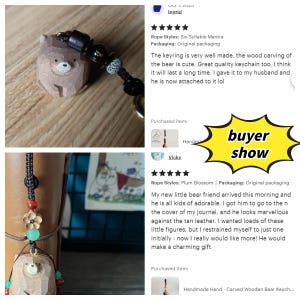 May include: A handmade wooden bear keychain with a detailed carving. The bear has a light brown color with a white face and is attached to a black beaded chain. The keychain is shown with a journal and other decorative items.