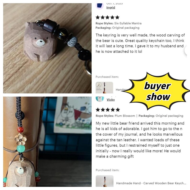 May include: A handmade wooden bear keychain with a detailed carving. The bear has a light brown color with a white face and is attached to a black beaded chain. The keychain is shown with a journal and other decorative items.