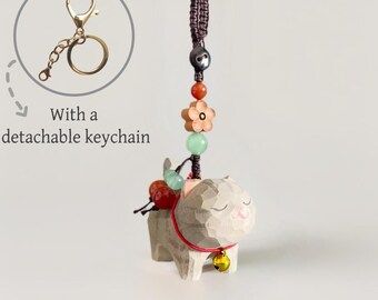 Hand Carved Wooden Cat Keychain: Artisanal Basswood Charm,Pet Keychain,Hand-woven Bag Charms Keychain for her/him