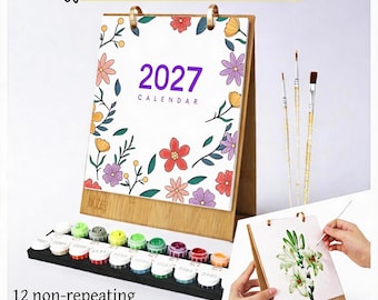 DIY Flowers Calendar Oil Painting Kit - 2027 Hand-Painted Wall Art,Wall Calendar,Desk Canlendar,paint by numbers calendar