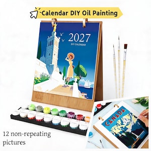 Puede incluir: Un kit de pintura al óleo DIY calendario 2027 con soporte de madera, tres pinceles y botes de pintura numerados. El calendario muestra una ilustración colorida de una persona con vestido amarillo junto a una torre. Texto: Calendar DIY Oil Painting, 2027 DIY CALENDAR, CANADA.