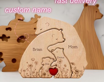 Personalized Name Wooden Bear Family Puzzle,Hugging Bear Family Floral Version,Custom Gift for Mom, Dad,Family,Sisters,Brothers,Mother&#39;s Day