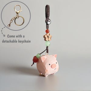 Hand Carved Wooden Pink Pig Keychain: Basswood Car Charms
