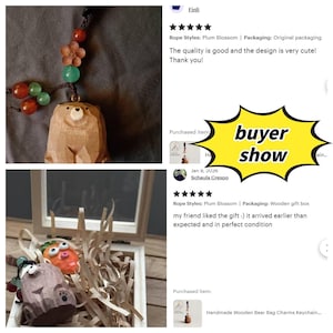 May include: Wooden bear bag charm with a carved design, featuring a brown bear figure with a beaded accent. The charm is attached to a dark rope with colorful beads and a wooden flower. The image also shows a wooden box with other charms.