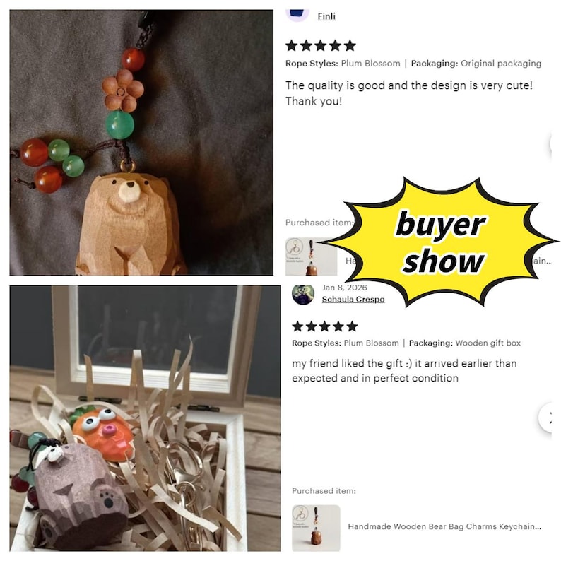May include: Wooden bear bag charm with a carved design, featuring a brown bear figure with a beaded accent. The charm is attached to a dark rope with colorful beads and a wooden flower. The image also shows a wooden box with other charms.