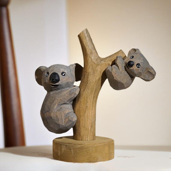 Handmade Wood Mother-Baby Koala Sculpture|Magnetic and Detachable Tree-Climbing Figurine|Cute Desk&Home Decor, Ideal Gif