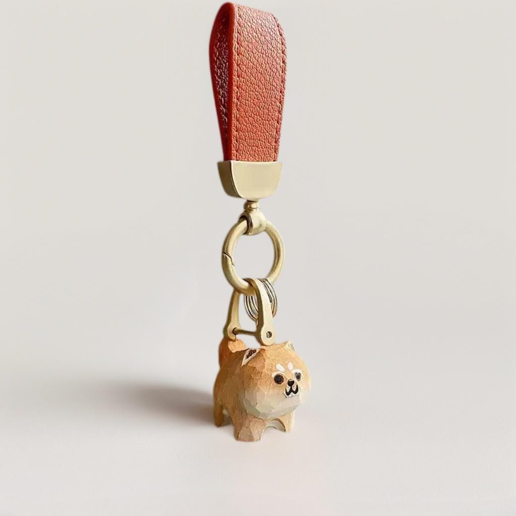 Hand Carved Wooden Dog Keychain: Leather Bag Charm, Pet Lover Gift