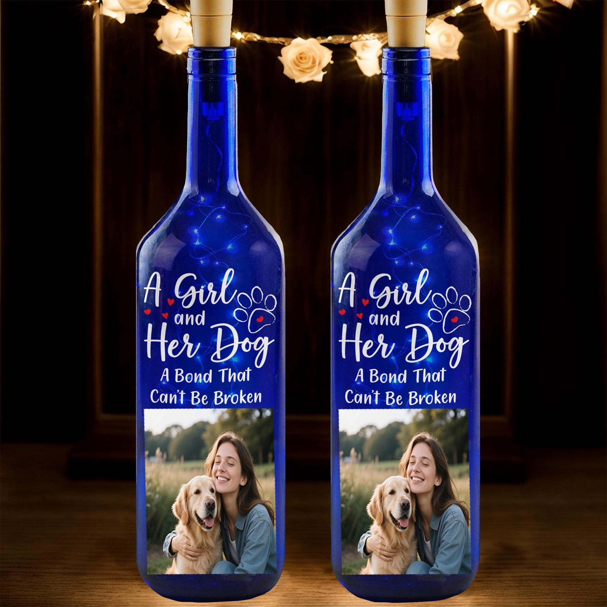 Personalized Blue Bottle Lamp,Custom Photo Night Light,A Girl With Her Dog,Birthday Gift to the Love,Friends,Besties,Family,Pet Dog Lovers
