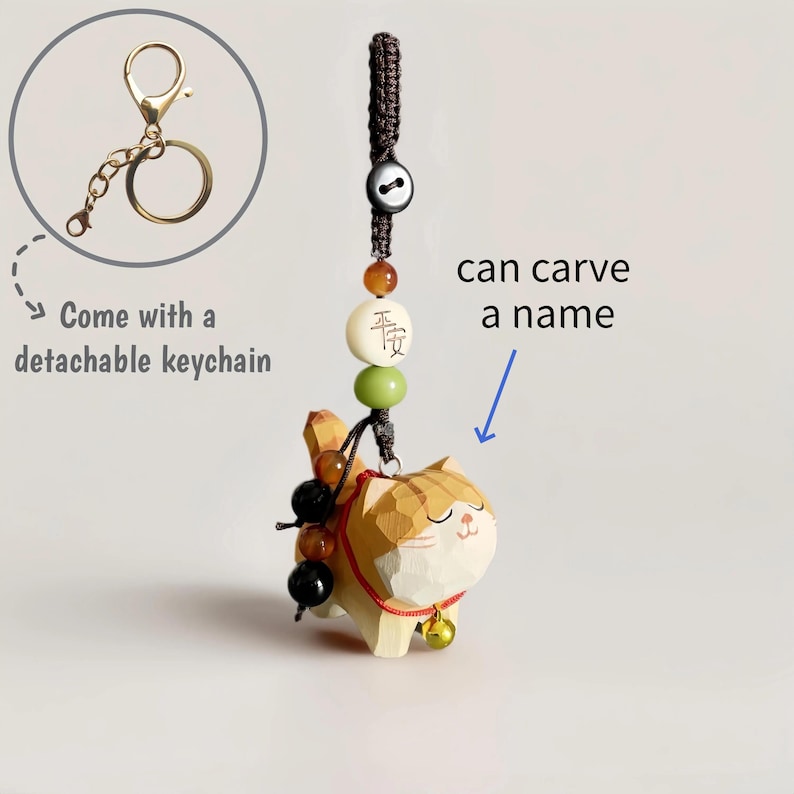 Handmade Wooden Cat Keychain,Custom Name Pet Keychain,Bag Charms,Car Keyring,Car Accessories,Lucky Purse Charms,Gift to Cat Lover Safe and Peaceful
