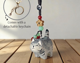 Hand Carved Wooden Cat Keychain,Handmade Carving Pendant,Pet Keychain,Lucky Charms,Bag Charms,Key Hanging Ornament for Pet Lovers