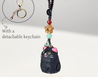 Handcraft Wooden Carving Small Black Cat Keychain, Schoolbag Pendant, Creative And Cute Car Key Decoration,Handmade Trinkets for Her Him Kid
