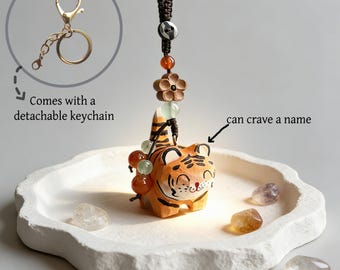 Handmade Wooden Tiger Keychains,Hand-woven Bag Charms,Wooden Carving Animal Keychain Pendant, Rearview Mirror Charm, Gift for kids/family