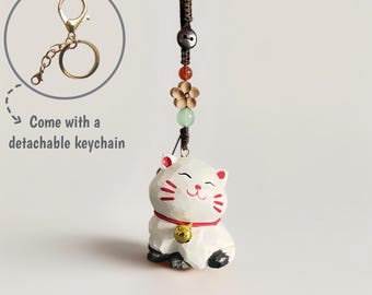 Handmade Hand - Carved Kawaii Wooden White Cat Key Chain Ornament -  Ideal Custom Gifts Wooden Figurine for Car Keys and Bag Decoration