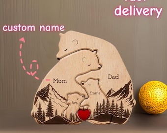 Personalized Name Wooden Bear Family Puzzle,Hugging Bear Family Floral Version,Custom Gift for Him，Dad, Family,Sisters,Brothers,Father&#39;s Day