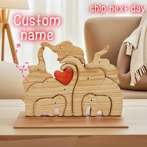 Personalized Name Wooden Elephant Family Puzzle, Family of Rabbit,Custom Name Gift for Mom, Dad,Family,Sisters,Brothers,Mother&#39;s Day