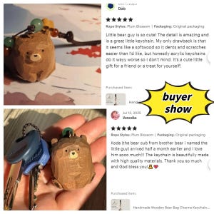 May include: A brown wooden bear keychain with a detailed carved design. The bear charm is attached to a key ring with keys. The keychain is a cute accessory and a unique gift idea.