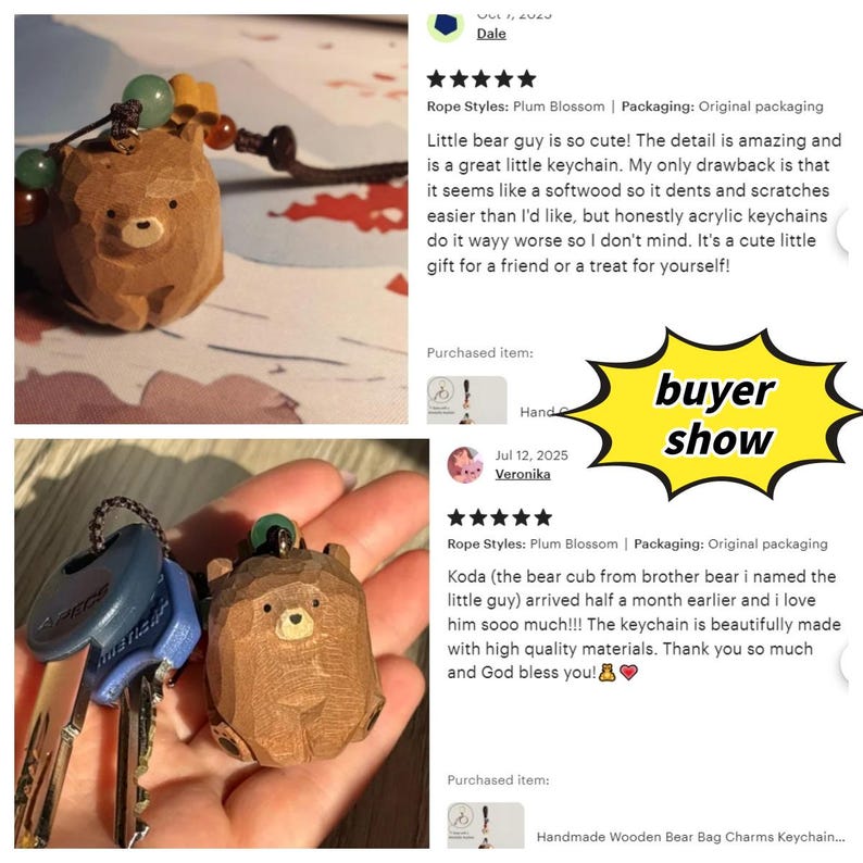 May include: A brown wooden bear keychain with a detailed carved design. The bear charm is attached to a key ring with keys. The keychain is a cute accessory and a unique gift idea.