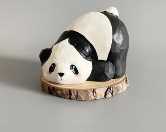 Enfeite de panda deitado de madeira esculpido à mão, decoração de mesa, presente ideal para melhor amigo, amigo, filho, família, presente de aniversário, presente criativo.