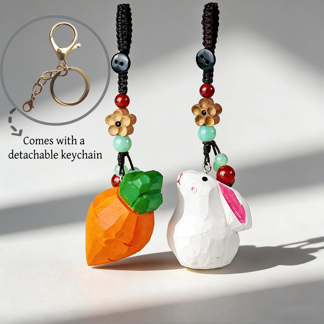 Hand-carved Wooden Rabbit & Carrot Couple Keychains - Cute Matching Bag ...