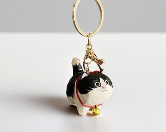 Handmade Hand - Carved Kawaii Wooden Cat - Cat Key Chain Ornament - Ideal Custom Wooden Figurine for Keys & Bags