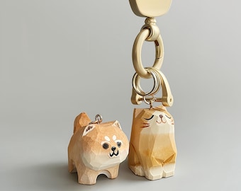 Handmade Wooden Cat & Dog Keychain: Carved Basswood Pet Lover Gift