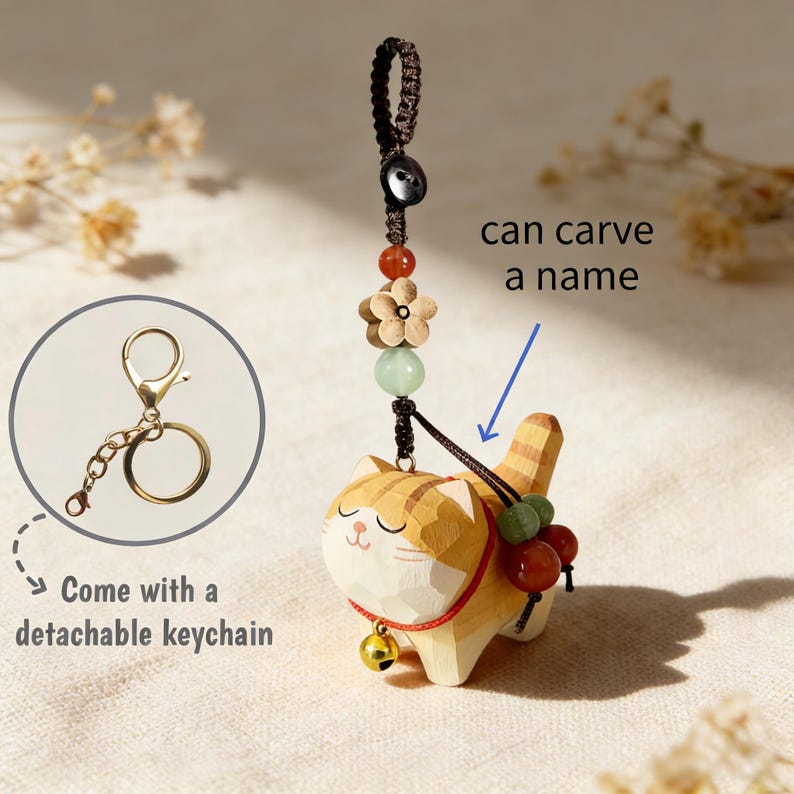 Handmade Wooden Cat Keychain,Custom Name Pet Keychain,Bag Charms,Car Keyring,Car Accessories,Lucky Purse Charms,Gift to Cat Lover image 7
