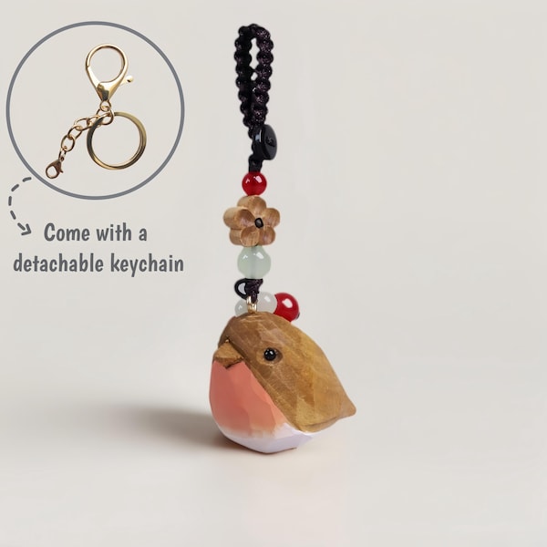 Handgeschnitzter hölzerner Robin Schlüsselbund: Lindenholz Vogel Charms Schlüsselbund, Telefon Kette, Auto hängen, Geschenk für Vogelliebhaber