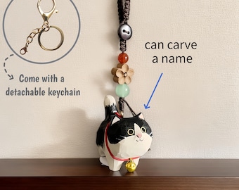 Custom Handmade Carved Wooden Black Cat Keychain,Bag Charm,Cell Phone Chain,Bag Pendant,Hand-Woven Chain,Gift to Friend,Bestie,Family