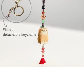Hand Carved Wooden Cat Keychain: Basswood Bag Charm