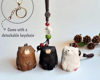 Wood Carving Cute Bear Bag Charms Keychain, Handcrafted Woven Key Chain,Phone Chain ,Car Charms,Ideal Gift for Friend,Bestie,Family,Birthday