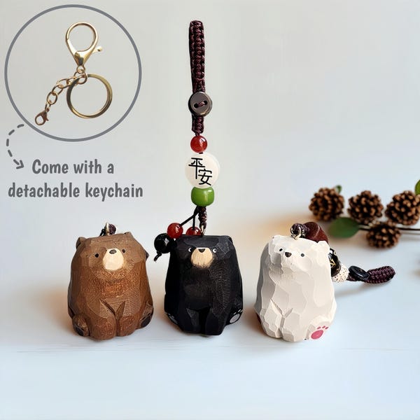 Wood Carving Cute Bear Bag Charms Keychain, Handcrafted Woven Key Chain,Phone Chain ,Car Charms,Ideal Gift for Friend,Bestie,Family,Birthday