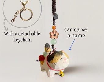 Custom Hand-carved Wooden Cat Bag Charms Keychain, Handcrafted Woven Key Chain, Phone Chain, Gift for Cat Lovers Friend,Family,Birthday