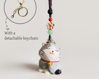 Handcraft Wooden Carved Cat Keychain,Adorable Bag Charms Keychain,Handmade Wooden Carving Pendant,IdealGift for Birthday Anniversary