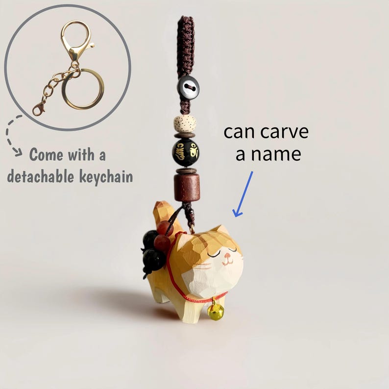 Handmade Wooden Cat Keychain,Custom Name Pet Keychain,Bag Charms,Car Keyring,Car Accessories,Lucky Purse Charms,Gift to Cat Lover Six-Syllable Mantra