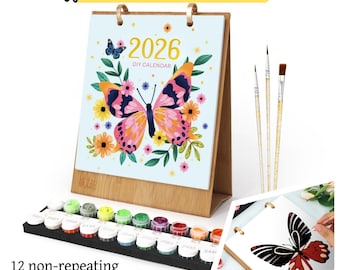 DIY 2026 Hand-Painted Butterflies Calendar Kit: Plant-Based Paints, Art Canvas,Wall Canlendar,Desk Calendar,paint by numbers 2026 calendar
