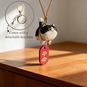 Handmade Wooden Cow Cat Car Pendant: Good Luck Charms,Adorable & Creative Car Accessory,Car Hanging,Handmade Trinkets to friend bestie