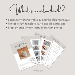 Pu&ograve; includere: Un insieme di istruzioni e modelli stampati per progetti di ceramica. L'immagine mostra una casa in ceramica finita e istruzioni passo passo. Il testo "What's included?" &egrave; in alto.